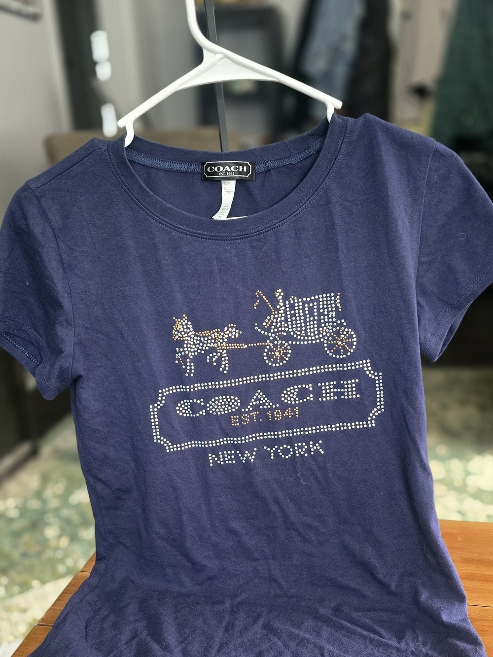 Coach Navy Short Sleeve Tee with Rhinestone Carriage Emblem